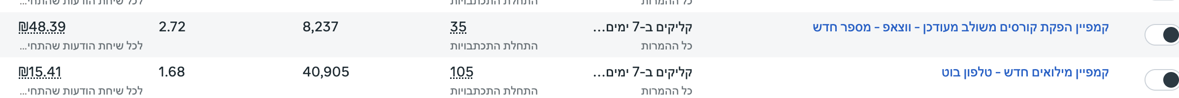 שני קמפיינים — 35 ו-105 לידים