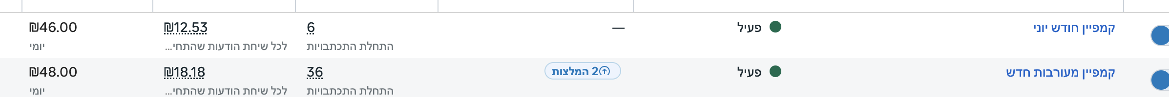שני קמפיינים — 6 ו-36 לידים